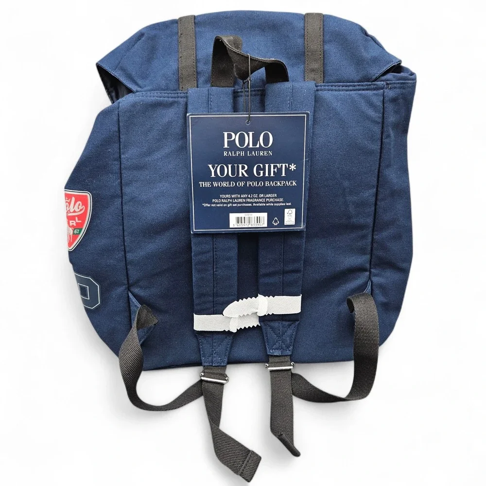 Polo Ralph Lauren Blue Backpack‎ Canvas Rucksack Fragrance Travel School Gym Bag